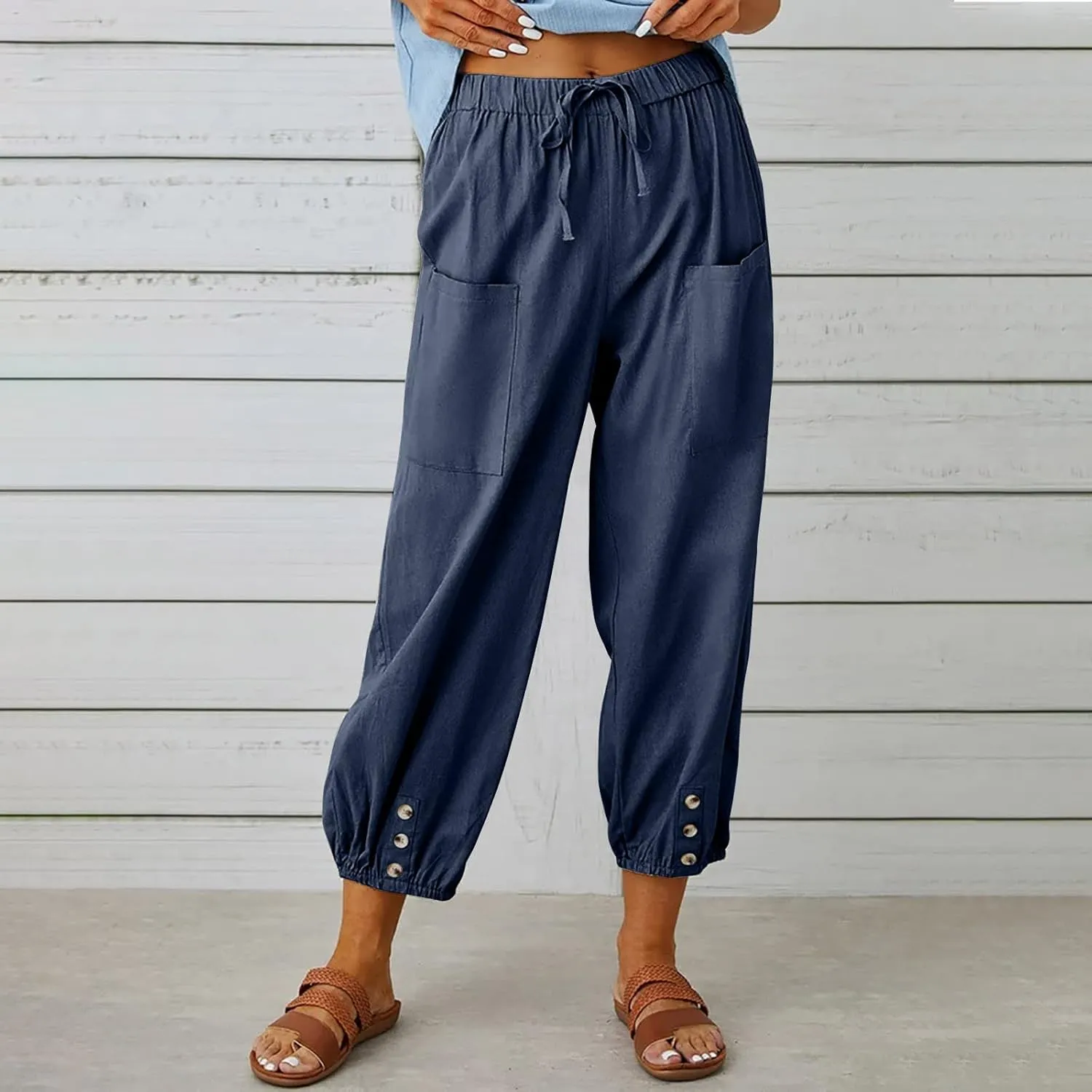 Womens Wide Leg Pants Casual Drawstring Capri Pants High Waist Cotton Linen Pants Lantern Tapered Harem Pants Slacks