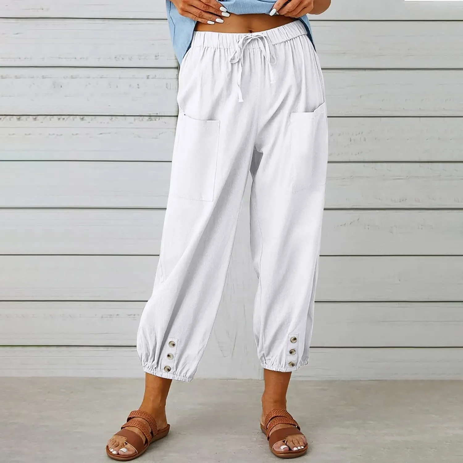 Womens Wide Leg Pants Casual Drawstring Capri Pants High Waist Cotton Linen Pants Lantern Tapered Harem Pants Slacks
