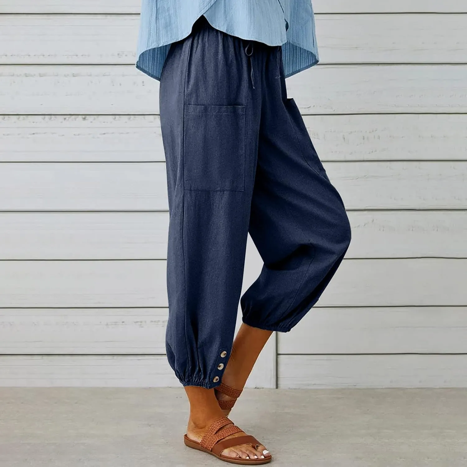 Womens Wide Leg Pants Casual Drawstring Capri Pants High Waist Cotton Linen Pants Lantern Tapered Harem Pants Slacks