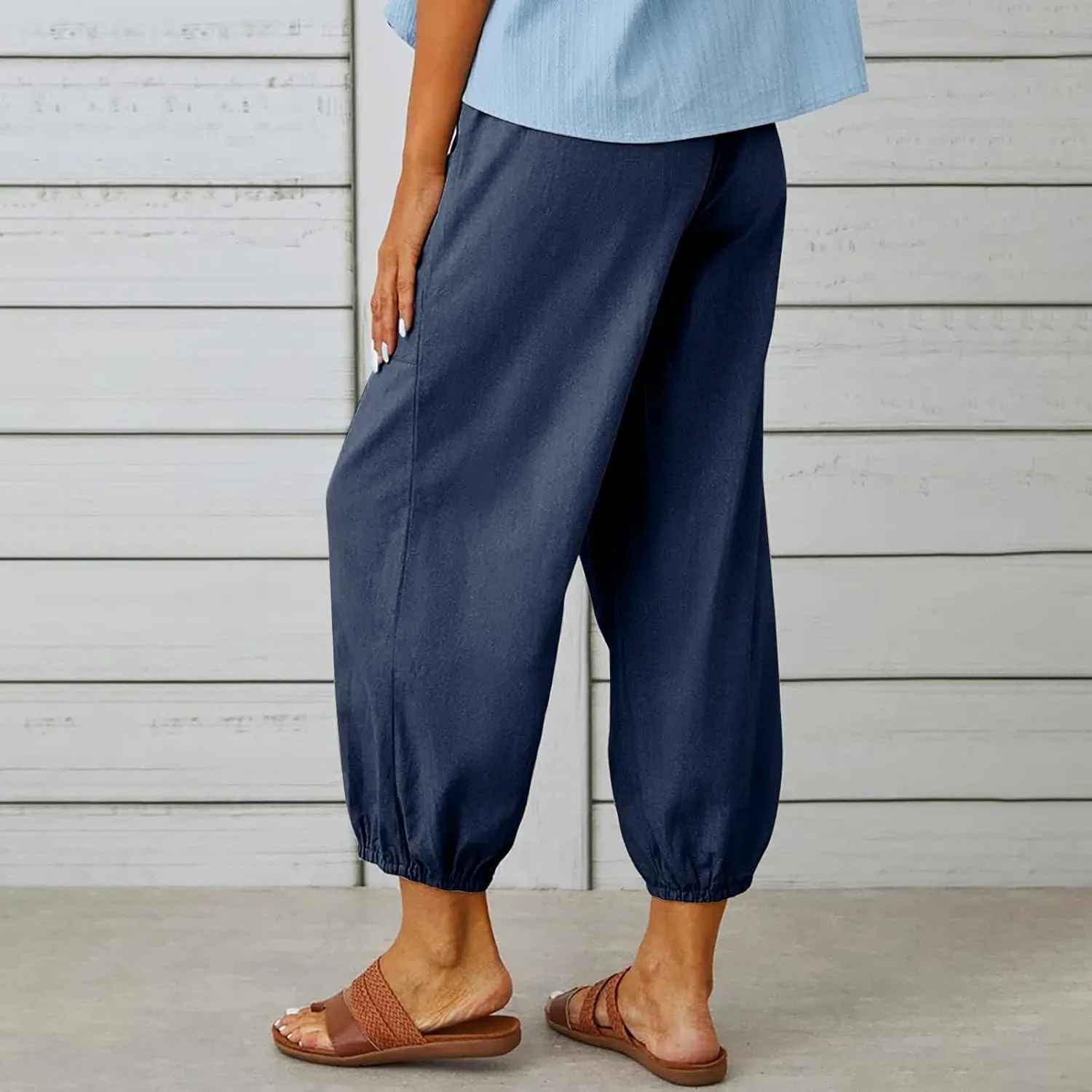 Womens Wide Leg Pants Casual Drawstring Capri Pants High Waist Cotton Linen Pants Lantern Tapered Harem Pants Slacks