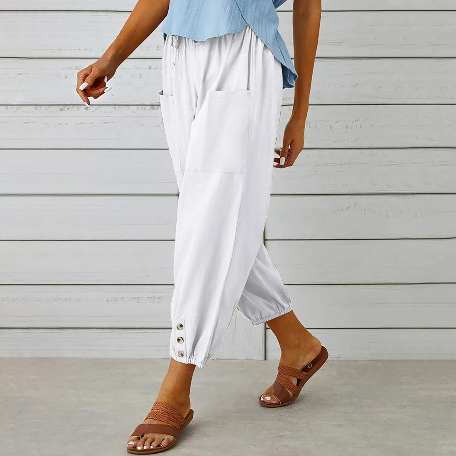Womens Wide Leg Pants Casual Drawstring Capri Pants High Waist Cotton Linen Pants Lantern Tapered Harem Pants Slacks
