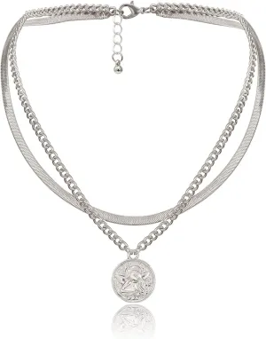 Wycian Necklaces for Adults, Necklaces Aesthetic Layers Silver Alloy Snake Angel Reliefjewelry for Women Women Necklace
