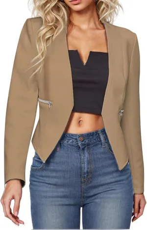 Xiaojmake Womens Work Office Suit Casual Collarless Cropped Blazer Jacket Business Cropped Blazers Long Sleeve Shrug Cardigan
