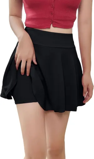 XOWRTE Women's Flared Pleated Skater Skirt Basic Casual High Waisted Ruffles Flared Mini Lingerie Skirts with Shorts