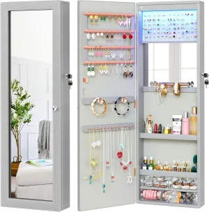 YITAHOME Mirror Jewelry Cabinet Wall Mounted Jewelry Cabinet, Door Hanging LED Jewelry Organizer with Full Length Mirror/Built-in Makeup Mirror/4 Drawers, Lockable Jewelry Armoires, Grey