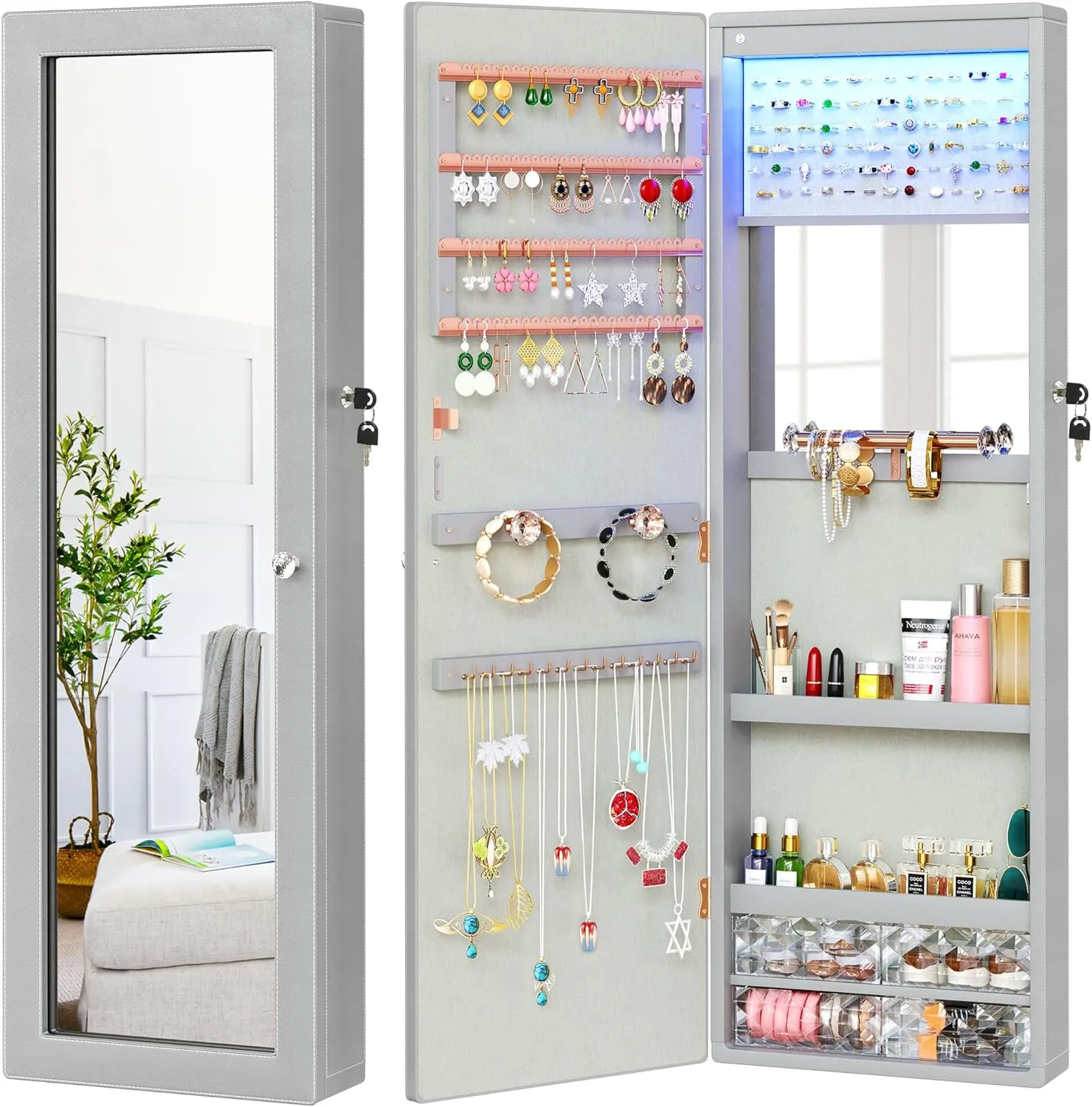 YITAHOME Mirror Jewelry Cabinet Wall Mounted Jewelry Cabinet, Door Hanging LED Jewelry Organizer with Full Length Mirror/Built-in Makeup Mirror/4 Drawers, Lockable Jewelry Armoires, Grey