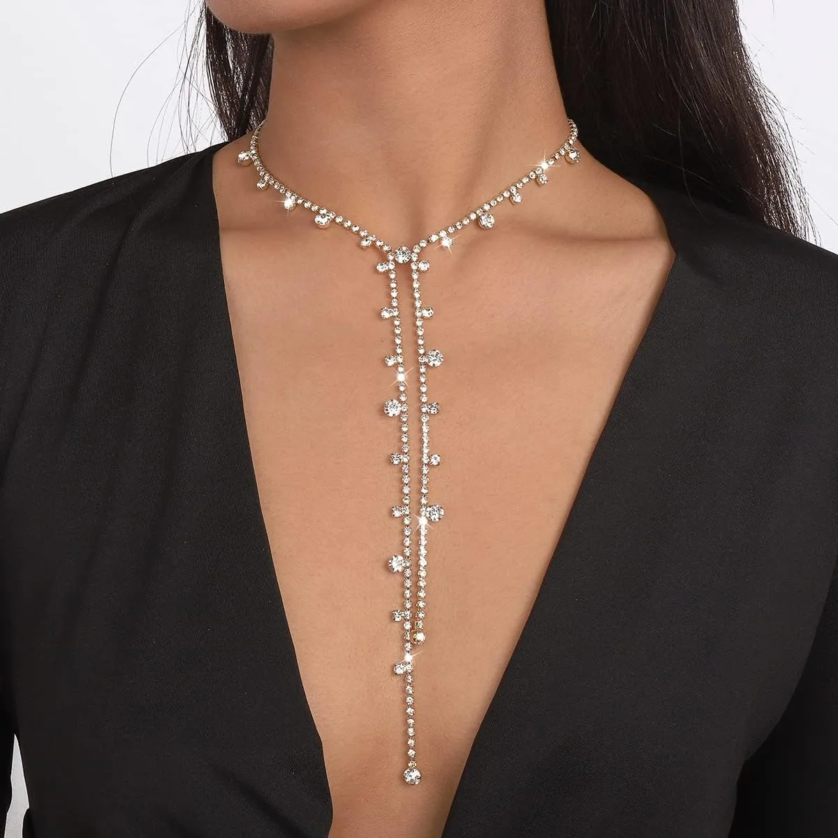 YOOESTORES82 Rhinestone Long Tassel Choker Necklaces,Sparkling Crystal Tennis Chain Necklaces, Charming Statement Jewelry Gifts for Women