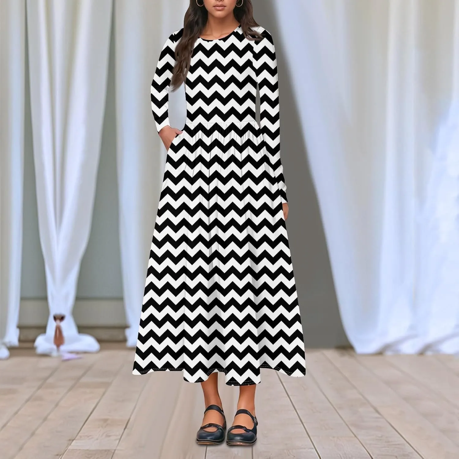 ZEFOTIM Long Sleeve Dress for Women Floral Graphic Dresses with Pockets Long Dresses Crewneck Dress Summer Spring Dress
