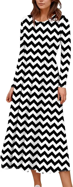 ZEFOTIM Long Sleeve Dress for Women Floral Graphic Dresses with Pockets Long Dresses Crewneck Dress Summer Spring Dress