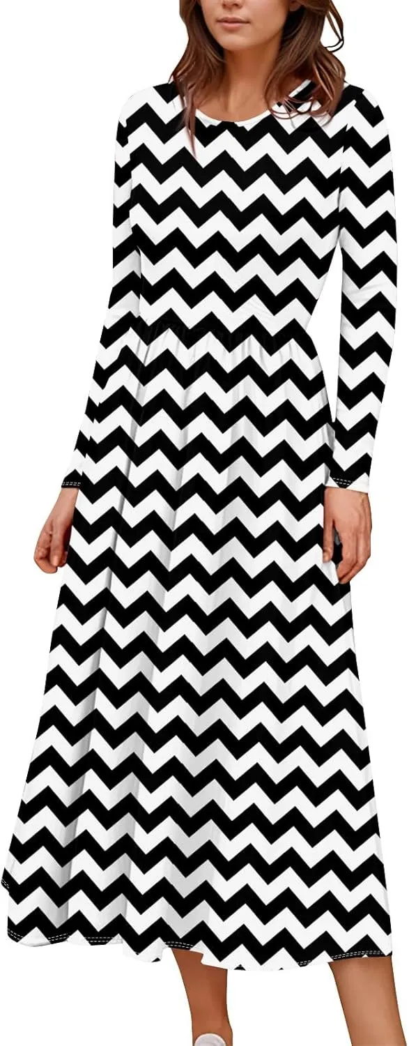 ZEFOTIM Long Sleeve Dress for Women Floral Graphic Dresses with Pockets Long Dresses Crewneck Dress Summer Spring Dress