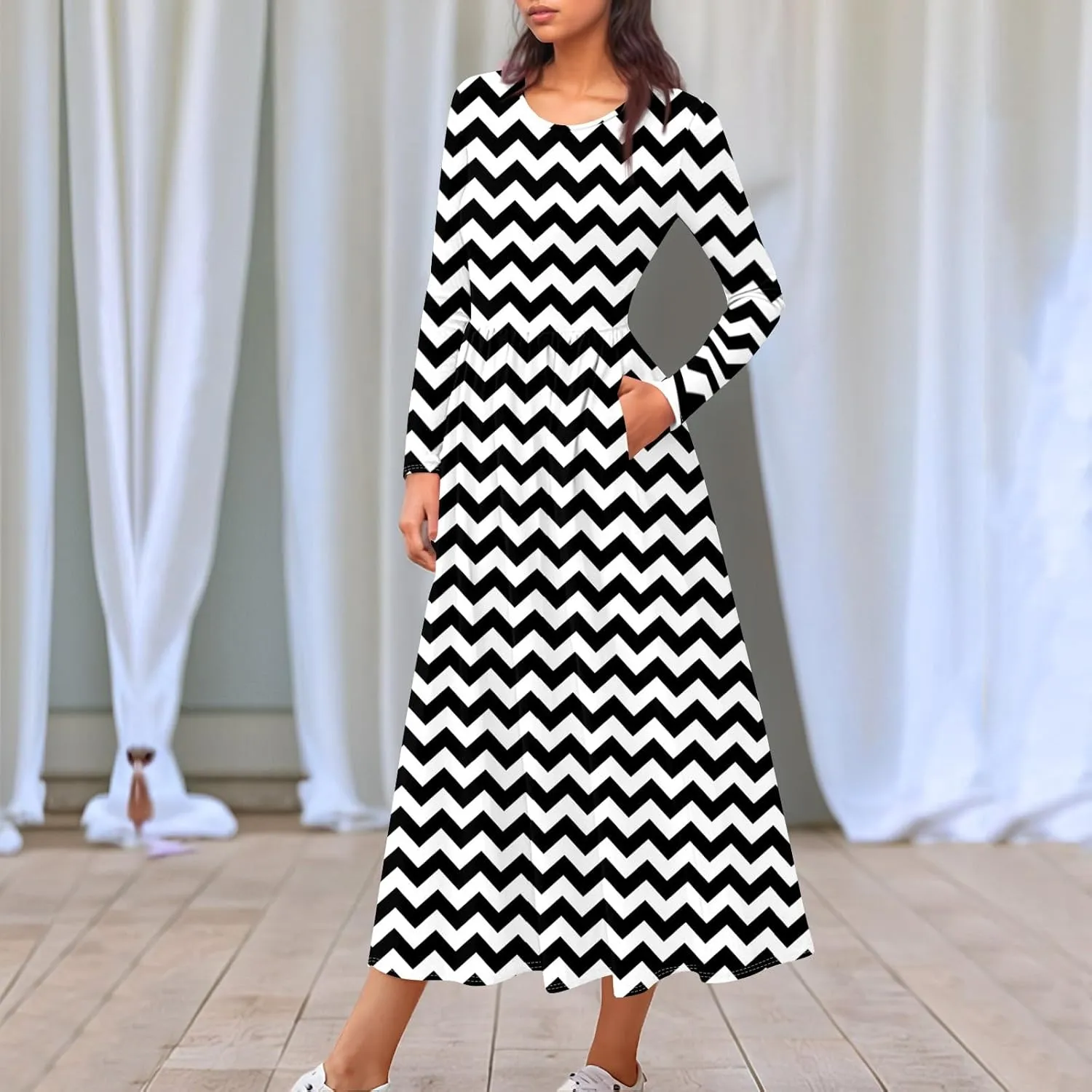 ZEFOTIM Long Sleeve Dress for Women Floral Graphic Dresses with Pockets Long Dresses Crewneck Dress Summer Spring Dress