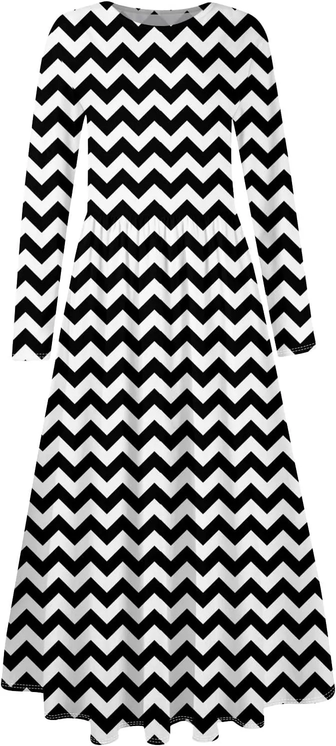 ZEFOTIM Long Sleeve Dress for Women Floral Graphic Dresses with Pockets Long Dresses Crewneck Dress Summer Spring Dress